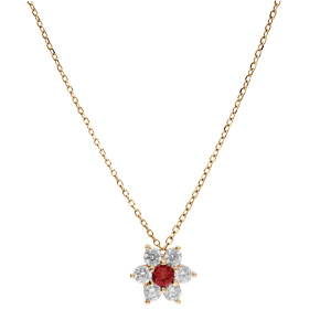 Collier en plaqu or chane avec pendentif marguerite oxydes centre rouge fonc et contour blancs sertis 40+5cm - Vue 2