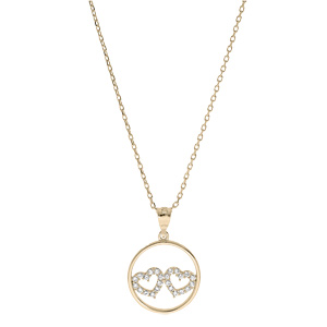 Collier en plaqu or chane avec pendentif cercle 2 coeurs oxydes blancs sertis 40+5cm - Vue 2