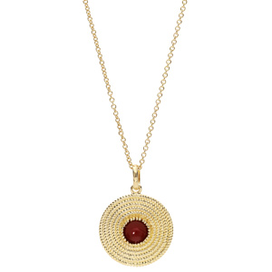 Collier en plaqu or avec Pendentif ethnique rond avec pierre rouge 40+4cm - Vue 2