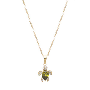 Collier en plaqu or chane avec pendentif tortue oxyde vert et blancs 42+3cm - Vue 2