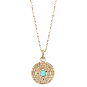 Collier en plaqu or chane avec pendentif rond motif gometrique et pierre Amazonite vritable 40+4cm - Vue 2