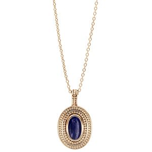 Collier en plaqué or chaîne avec pendentif ovale coeur Lapis Lazuli véritable 40+4cm - Vue 2