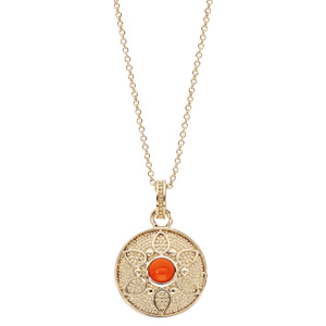 Collier en plaqu or chane avec pendentif rond motif fleur et pierre couleur corail 40+4cm - Vue 2