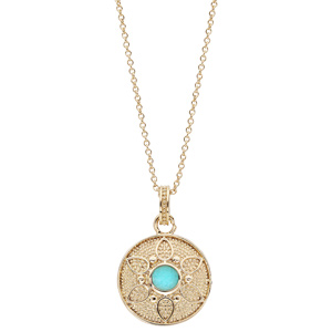 Collier en plaqu or chane avec pendentif rond motif fleur et pierre couleur turquoise 40+4cm - Vue 2