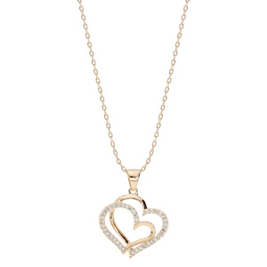 Collier en plaqu or chane avec pendentif double coeur oxydes blancs sertis 40+5cm - Vue 2