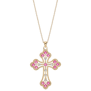 Collier en plaqu or chane avec pendentif croix empierre rose 40+5cm - Vue 2