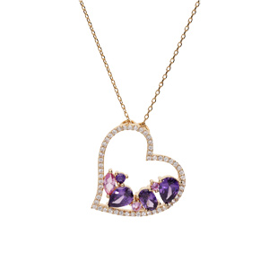 Collier en plaqu or chane avec pendentif coeur oxydes violets et roses contour oxydes blancs 40+5cm - Vue 2