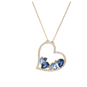 Collier en plaqué or chaîne avec pendentif coeur oxydes bleus contour oxydes blancs 40+5cm - Vue 2