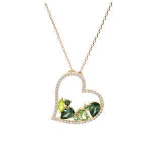 Collier en plaqu or chane avec pendentif coeur oxydes verts contour oxydes blancs 40+5cm - Vue 2