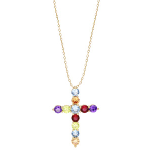 Collier en plaqu or chane avec pendentif croix empierr rond multicolore 40+5cm - Vue 2