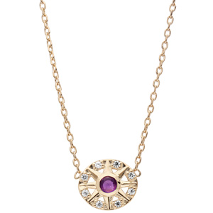 Collier en plaqu or chane avec rond d\'oxydes blancs et coeur Amethyste vritable 42cm - Vue 2