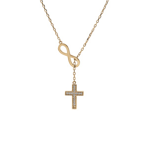 Collier en plaqu or chane avec symbole infini et 1 croix pave d\'oxydes blancs sertis 41+3cm - Vue 2