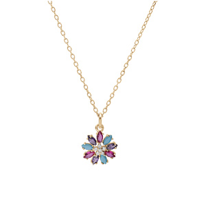 Collier en plaqu or chane avec pendentif fleur oxydes multi couleurs 42+3cm - Vue 2