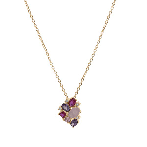 Collier en plaqu or chane avec pendentif gomtrie oxydes roses et violets 42+3cm - Vue 2