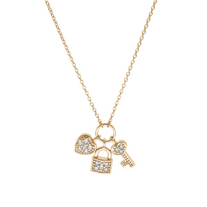 Collier en plaqu or chane avec pendentifs breloques cadenas coeur clefs et oxydes blancs 42+3cm - Vue 2