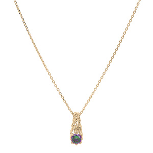 Collier en plaqu or chane avec pendentif solitaire mystique arc en ciel et feuillage 42+3cm - Vue 2