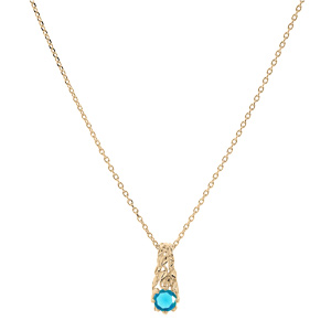 Collier en plaqu or chane avec pendentif solitaire oxyde bleu ciel et feuillage 42+3cm - Vue 2