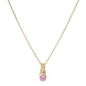 Collier en plaqu or chane avec pendentif solitaire oxyde rose et feuillage 42+3cm - Vue 2