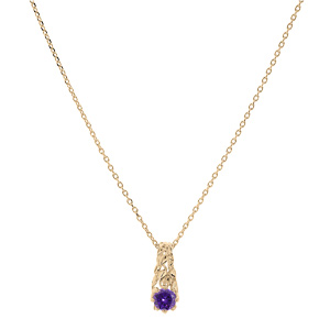 Collier en plaqu or chane avec pendentif solitaire oxyde violet et feuillage 42+3cm - Vue 2