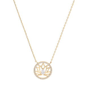 Collier en plaqu or chane avec pendentif rond cercl d\'oxydes blancs sertis et fleur de lotus 39+4cm - Vue 2