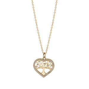 Collier en plaqu or chane avec pendentif coeur motif arbre de vie contour oxydes blancs sertis 42+3cm - Vue 2