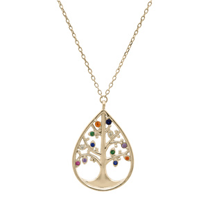 Collier en plaqu or chane avec pendentif arbre de vie dans goutte et oxydes multi couleurs sertis 40+3cm - Vue 2