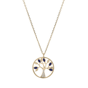 Collier en plaqu or chane avec pendentif arbre de vie et oxydes bleus et blancs sertis 40+3cm - Vue 2