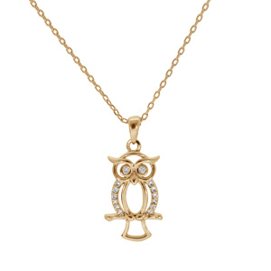 Collier en plaqu or chane avec pendentif hibou/chouette et oxydes blancs sertis 40+4cm - Vue 2