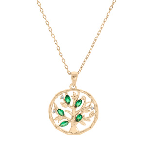 Collier en plaqu or chane avec pendentif arbre de vie dans anneau et oxydes verts 40+4cm - Vue 2