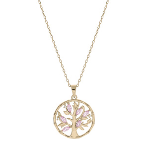 Collier en plaqu or chane avec pendentif arbre de vie et oxydes roses 40+4cm - Vue 2