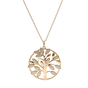 Collier en plaqu or chane avec pendentif arbre de vie 30mm en relief et contour oxydes blancs sertis 42+3cm - Vue 2