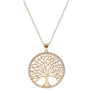 Collier en plaqué or chaîne avec pendentif arbre de vie 30mm contour rond pavé d\'oxydes blancs sertis 42+3cm - Vue 2