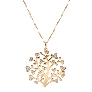 Collier en plaqu or chane avec pendentif arbre de vie 30mm et coeurs d\'oxydes blancs sertis 42+3cm - Vue 2