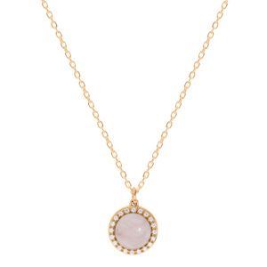 Collier en plaqu or chane avec pendentif pierre Quartz rose naturelle et contour oxydes blancs sertis 42+3cm - Vue 2