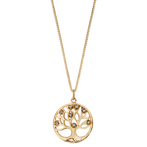 Collier en plaqu or chane avec pendentif cercle suspendu avec arbre de vie dcoup et orn d\'oxydes blancs  l\'intrieur - longueur 42cm + 3cm de rallonge - Vue 2