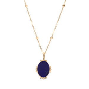 Collier en plaqu or chane avec mdaille ovale 14mm contour perle et coeur en pierre naturelle Lapis Lazulli 38+5cm - Vue 2
