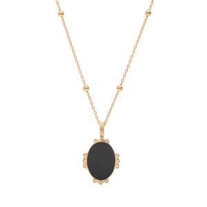 Collier en plaqu or mdaille mdaille ovale 14mm contour perle et coeur en pierre naturelle Agate noire 38+5cm - Vue 2