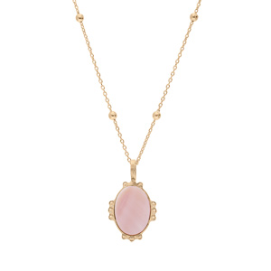 Collier en plaqu or chane avec mdaille ovale 14mm contour perle et coeur en pierre naturelle Nacre rose 38+5cm - Vue 2