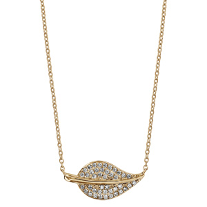 Collier en plaqué or chaîne avec pendentif feuille pavée d\'oxydes blancs avec tige lisse - longueu 40cm + 4cm de rallonge - Vue 2