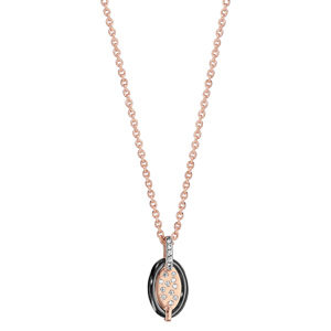 Collier en plaqué or rose chaîne avec pendentif ovale en céramique noire et éclats d\'oxydes blancs sertis - longueur 42cm + 3cm de rallonge - Vue 2