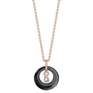Collier en plaqué or rose pendentif rond céramique noire évidé avec infini oxydes blancs sertis 42+3cm - Vue 2