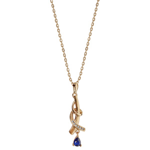 Collier en plaqu or chane avec pendentif volute rail d\'oxydes blancs sertis et pierre bleu fonc 42cm + 3cm - Vue 2