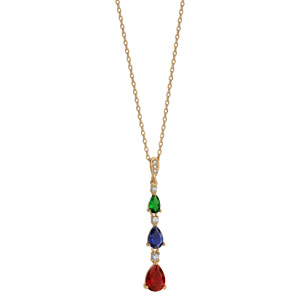 Collier en plaqu or pendentif 3 pierres multicolores et 3 oxydes blancs sertis 42cm + 3cm - Vue 2