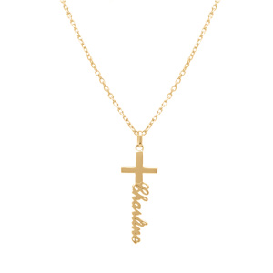 Collier en plaqué or prénom lettre anglaise en vertical decoupé au laser avec croix - 40cm - Vue 2