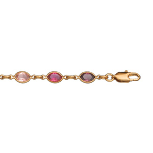Bracelet en plaqu or alternance d\'oxydes roses et violets en forme de navette - longueur 16+3cm - Vue 2