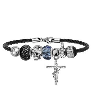 Bracelet en cuir noir tress pour charms et fermoir en argent rhodi - longueur 17,5cm - Vue 2