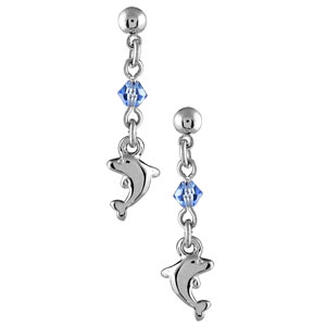 Boucles d\'oreilles pendantes en argent chanette, dauphin et oxyde bleu fermoir poussette - Vue 3