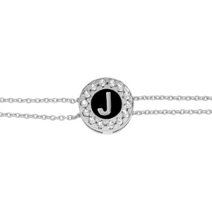 Bracelet en argent rhodi double chane pastille ronde recto initiale J verso noir avec contour oxydes blancs sertis 16+3cm - Vue 3