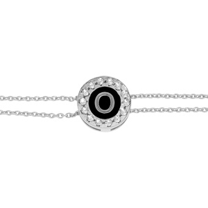 Bracelet en argent rhodi double chane pastille ronde recto initiale O verso noir avec contour oxydes blancs sertis 16+3cm - Vue 3