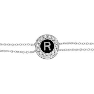 Bracelet en argent rhodi double chane pastille ronde recto initiale R verso noir avec contour oxydes blancs sertis 16+3cm - Vue 3